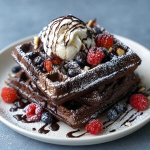 Healthy Brownie Waffles Recipe 17 A stack of chocolate brownie waffles topped with a scoop of vanilla ice cream, drizzled with chocolate syrup, and garnished with fresh raspberries, blueberries, and powdered sugar on a white plate.