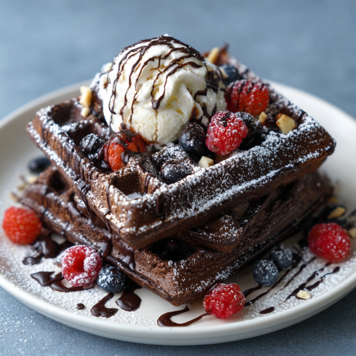 Healthy Brownie Waffles Recipe 12 A stack of chocolate brownie waffles topped with a scoop of vanilla ice cream, drizzled with chocolate syrup, and garnished with fresh raspberries, blueberries, and powdered sugar on a white plate.