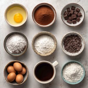 Healthy Brownie Waffles Recipe 15 A top-down view of bowls containing baking ingredients: an egg, cocoa powder, chocolate chunks, powdered sugar, granulated sugar, chocolate chips, whole eggs, brewed coffee, and flour arranged neatly on a light surface.