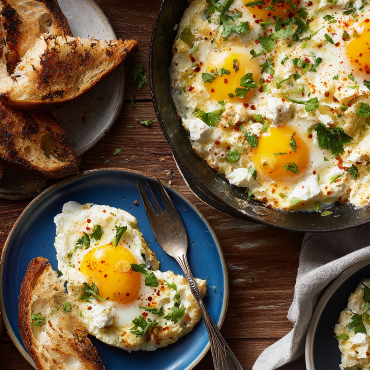 The Best Cottage Cheese Eggs Recipe 12 A rustic breakfast spread featuring a skillet filled with sunny eggs topped with herbs and cottage cheese, surrounded by toasted bread, avocado chunks, and plates with servings of the egg dish.