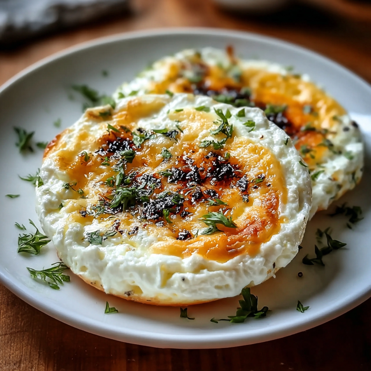 The Best Cottage Cheese Eggs Recipe 13 Two rounds of cottage cheese eggs with golden, caramelized tops and sprinkled herbs served on a white plate, highlighting their fluffy and creamy texture.