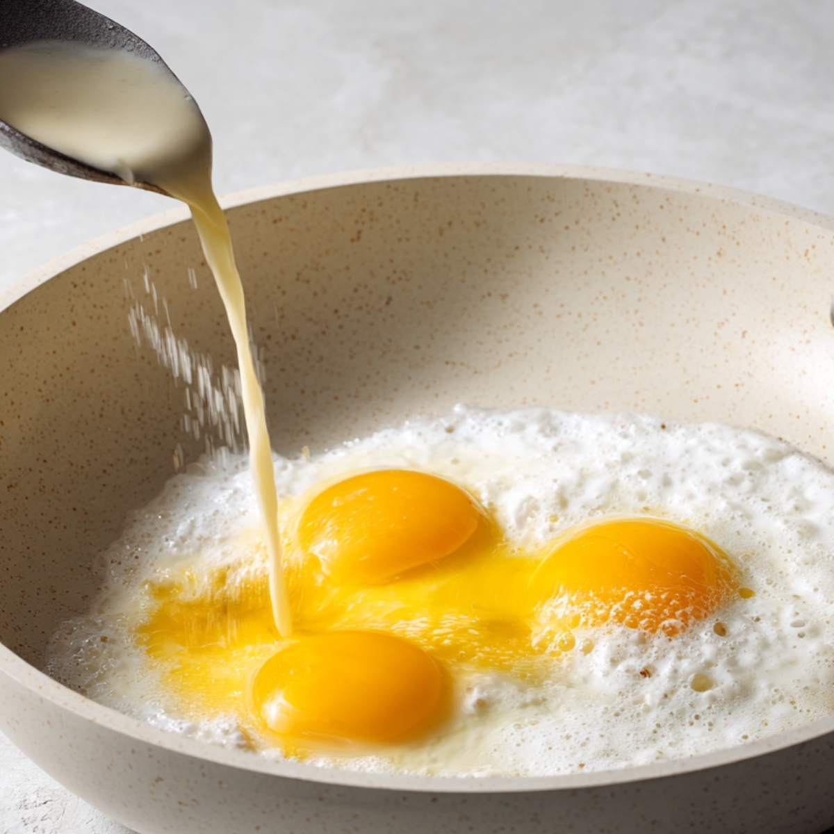 The Best Cottage Cheese Eggs Recipe 11 A creamy blended egg mixture being poured into a pan where three bright egg yolks are already starting to cook, creating a smooth, frothy base.