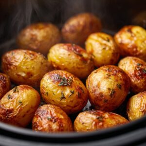 A batch of golden air-fried baby potatoes with crisped skins and flecks of herbs, steaming inside the air fryer basket and showing an even, well-roasted texture.