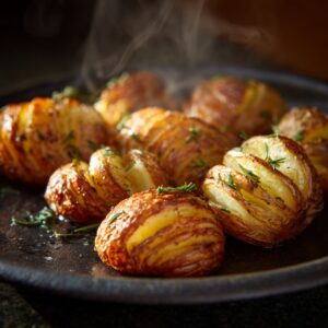 A close-up of crispy hasselback potatoes on a dark plate, their thin slices fanned out and roasted to a golden brown, with fresh herbs sprinkled on top and gentle steam rising from the hot potatoes.