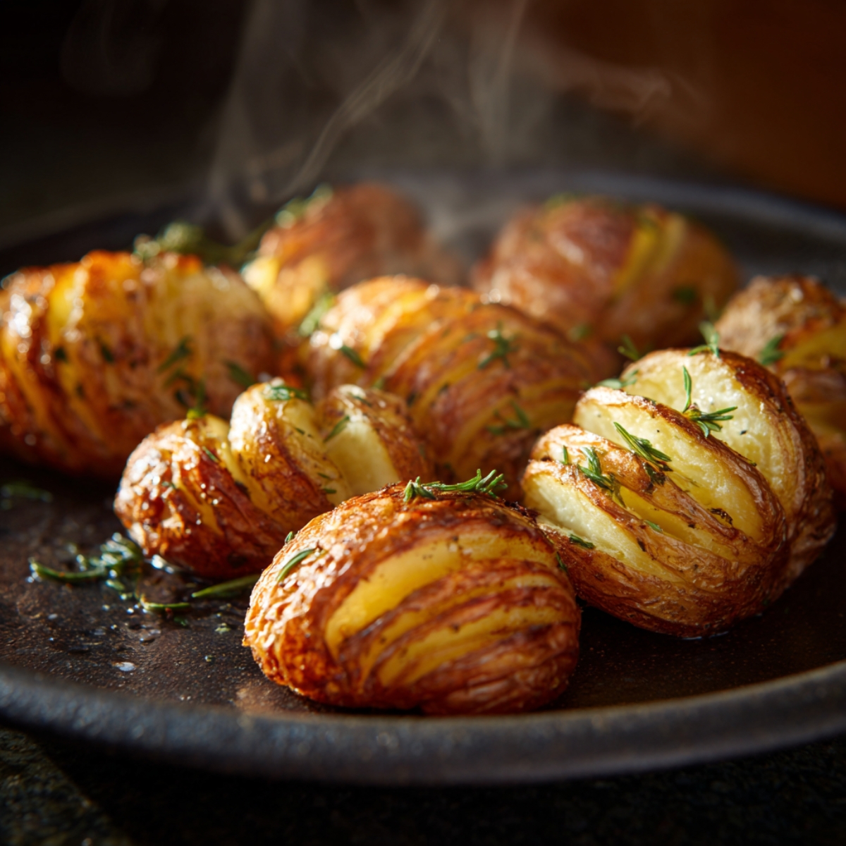 A close-up of crispy hasselback potatoes on a dark plate, their thin slices fanned out and roasted to a golden brown, with fresh herbs sprinkled on top and gentle steam rising from the hot potatoes.