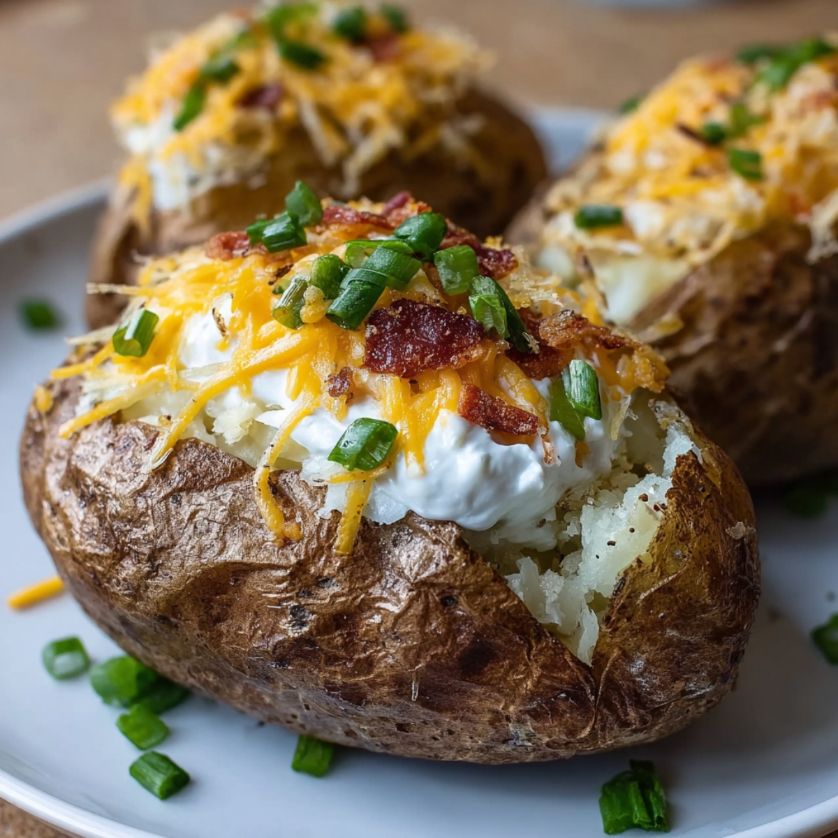 A baked potato split open and topped with sour cream, shredded cheese, crispy bacon pieces, and sliced green onions, all sitting on a white plate for serving.