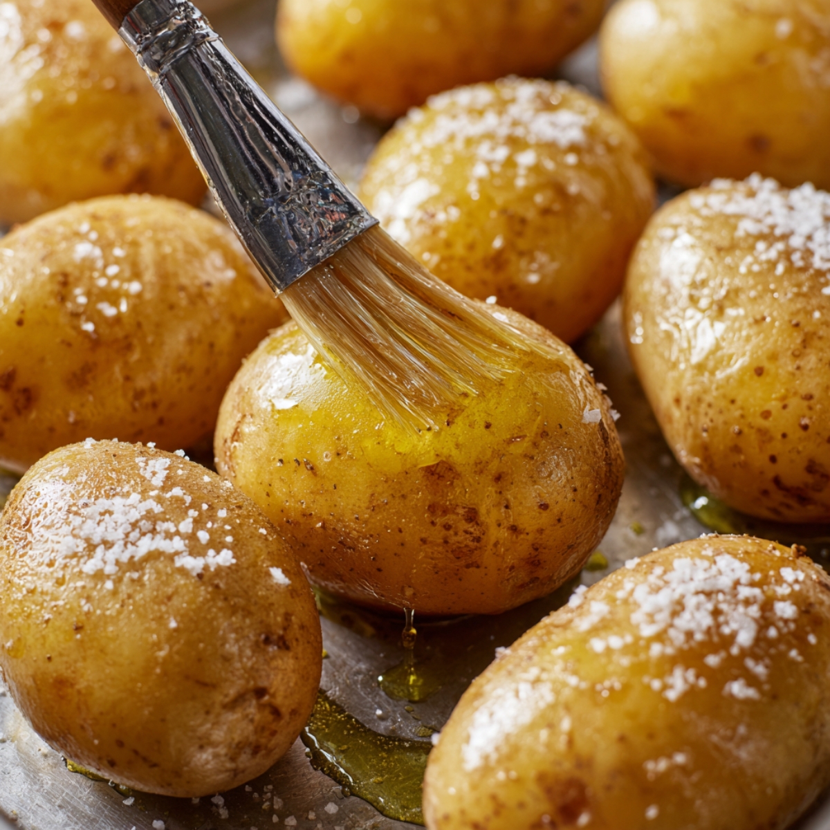 A close-up of raw potatoes being brushed with oil using a pastry brush, with coarse salt sprinkled on their skins as they sit on a baking tray, ready for roasting.