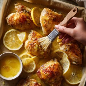 Delicious Baked Lemon Butter Chicken Recipe 16 Hand brushing a rich lemon-butter sauce over browned chicken thighs in a baking dish, surrounded by lemon slices and a pool of melted buttery sauce.