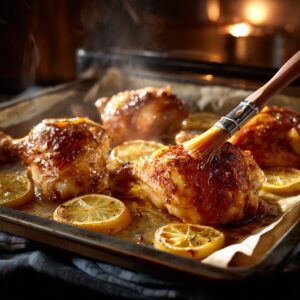Delicious Baked Lemon Butter Chicken Recipe 17 Golden baked chicken pieces on a sheet pan surrounded by roasted lemon slices, with a hand brushing lemon-butter glaze over the crispy skin as steam rises from the hot pan.