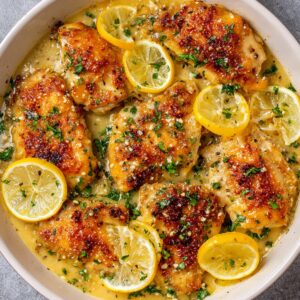 Delicious Baked Lemon Butter Chicken Recipe 18 Golden baked chicken thighs simmering in a creamy lemon-butter sauce, topped with fresh parsley and surrounded by bright lemon slices.