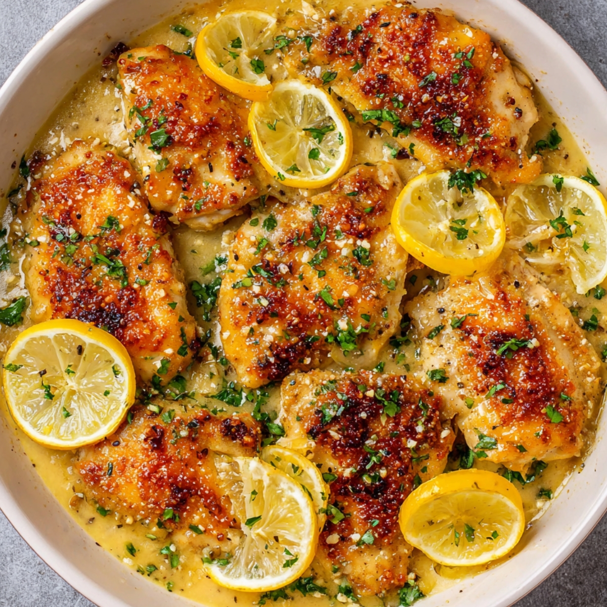 Delicious Baked Lemon Butter Chicken Recipe 13 Golden baked chicken thighs simmering in a creamy lemon-butter sauce, topped with fresh parsley and surrounded by bright lemon slices.