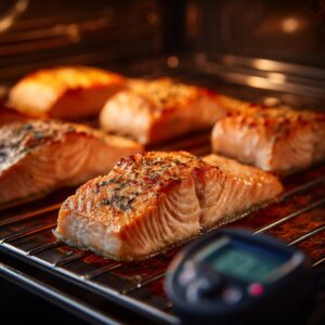"Salmon fillets baking in the oven on a metal rack, with golden tops and visible seasoning, and a thermometer blurred in the foreground."