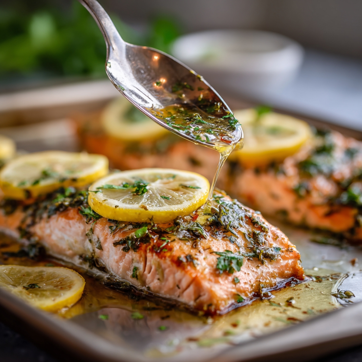 "Close-up of baked salmon fillets topped with lemon slices and fresh herbs, with a spoon drizzling melted herb butter over the fish on a baking tray."