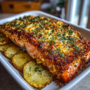 "Baked salmon fillet topped with a golden, crispy herb and breadcrumb crust, served on a white dish with sliced roasted potatoes."