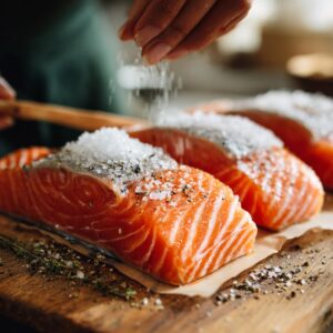 "Fresh raw salmon fillets on a wooden board being seasoned generously with coarse salt and cracked pepper, with herbs scattered around."