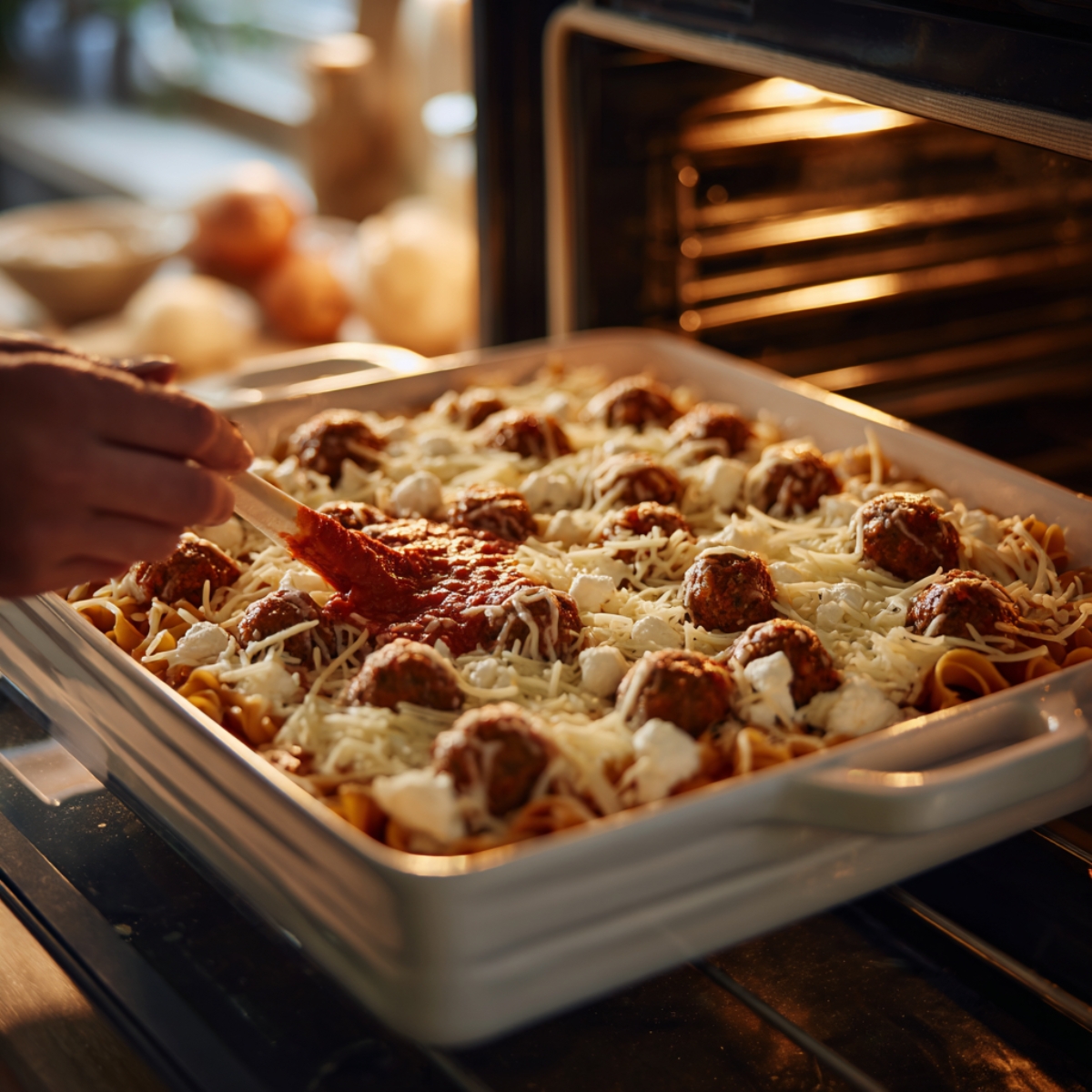 A warm kitchen scene showing a casserole dish being placed into the oven, filled with spaghetti, meatballs, and melted cheese, while someone spreads tomato sauce on top