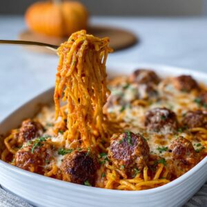 Close-up of baked spaghetti and meatballs in a white dish, with a fork lifting a serving of cheesy noodles, showing the melted texture.