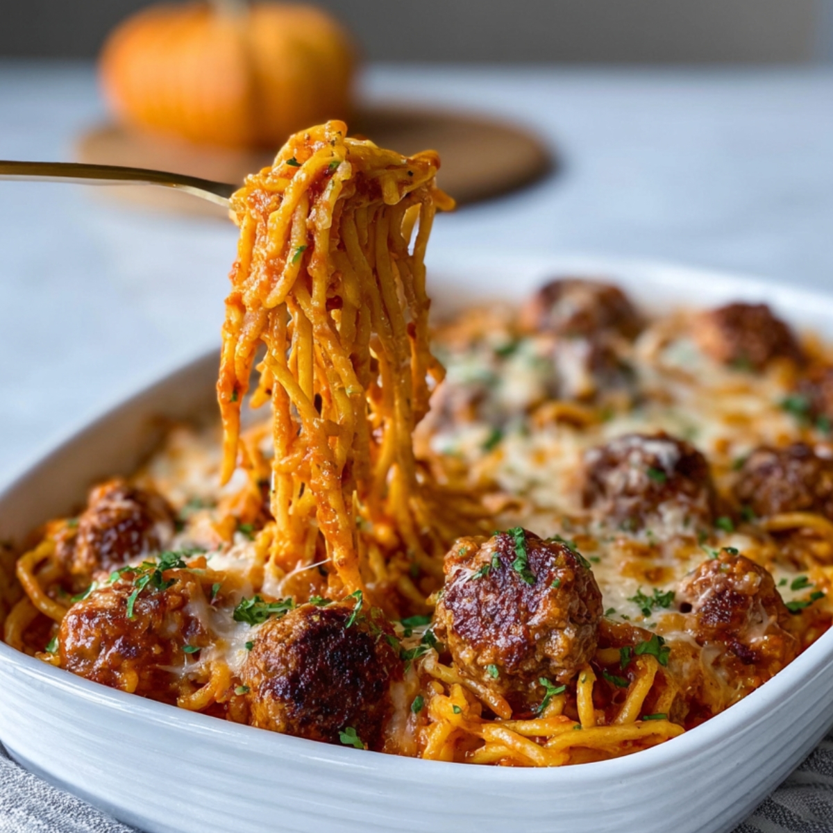 Close-up of baked spaghetti and meatballs in a white dish, with a fork lifting a serving of cheesy noodles, showing the melted texture.
