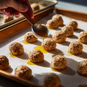 A baking sheet lined with parchment paper holding rows of uncooked meatballs being drizzled with olive oil before baking.
