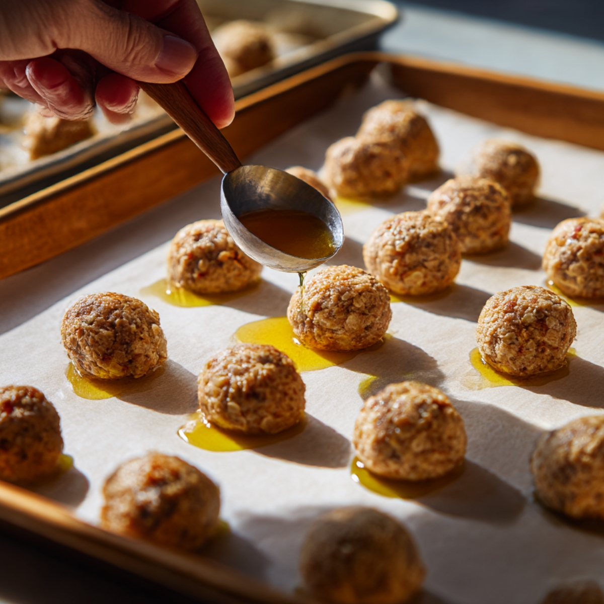 A baking sheet lined with parchment paper holding rows of uncooked meatballs being drizzled with olive oil before baking.