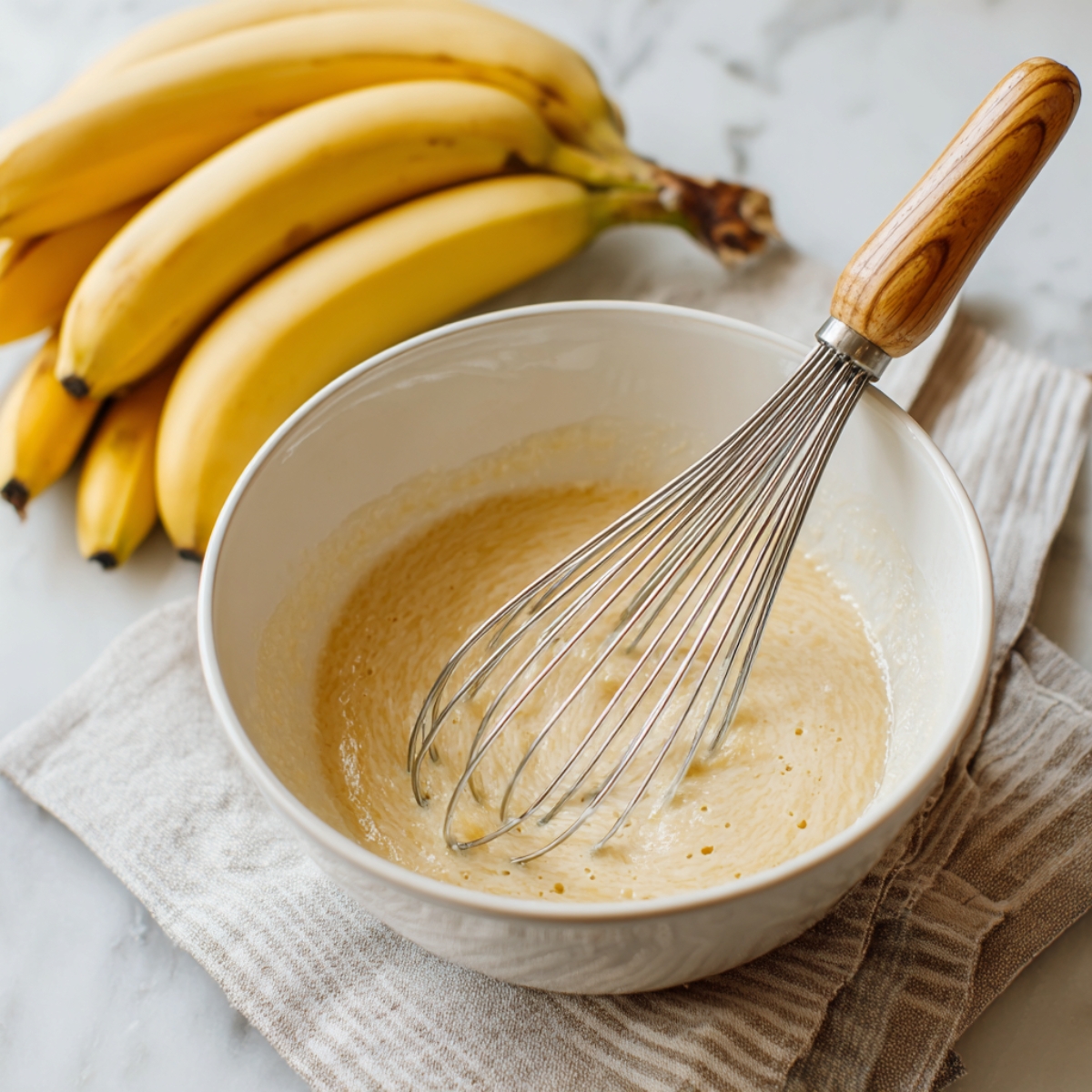 Healthy Banana Pancakes Recipe 10 A white mixing bowl containing a smooth, creamy banana batter. A metal whisk sits inside the mixture, coated with the banana blend. To the left, a bunch of fresh yellow bananas lies on a folded kitchen towel. The scene is clean and bright, suggesting a baking process in progress.