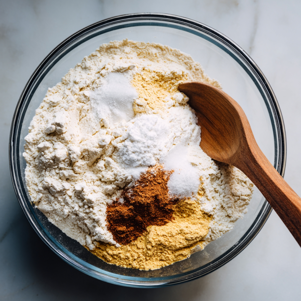 Healthy Banana Pancakes Recipe 11 A glass mixing bowl filled with a blend of dry baking ingredients, including flour, cornmeal, sugar, baking powder, and warm spices like cinnamon. The powders are unmixed, forming colorful patches. A wooden spoon rests inside the bowl, ready to stir. The setting is bright, with soft natural light highlighting the textures of the ingredients.