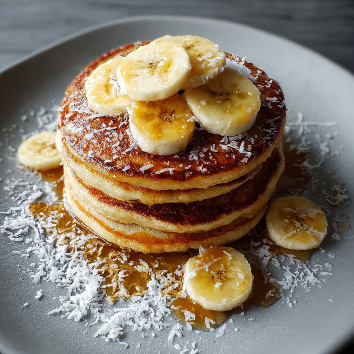 Healthy Banana Pancakes Recipe 13 A tall stack of fluffy, golden-brown banana pancakes sits on a gray plate. Thin slices of banana are arranged on top, drizzled with glossy syrup. A dusting of shredded coconut surrounds the stack and melts slightly into the syrup. The lighting enhances the rich texture and appetizing shine of the pancakes.