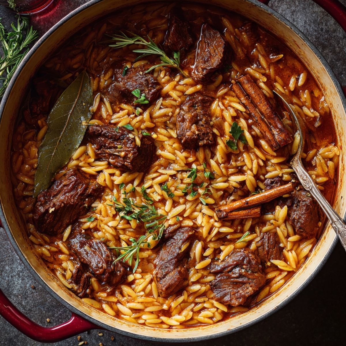 A rustic red Dutch oven filled with tender, slow-cooked beef chunks and orzo pasta simmered in a rich tomato sauce. The dish is beautifully garnished with fresh herbs like rosemary and bay leaves, and you can see a few cinnamon sticks adding a hint of spice. The deep golden orzo absorbs the sauce’s flavor, creating a comforting, hearty Greek one-pot meal known as beef giouvetsi