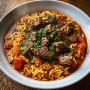 A beautifully plated serving of beef giouvetsi in a white ceramic bowl. The tender shredded beef sits on top of saucy orzo pasta, with chunks of tomato and a generous sprinkle of feta cheese and chopped parsley. The rich red sauce glistens under the light, showcasing a traditional Greek comfort dish full of depth and home-cooked warmth.