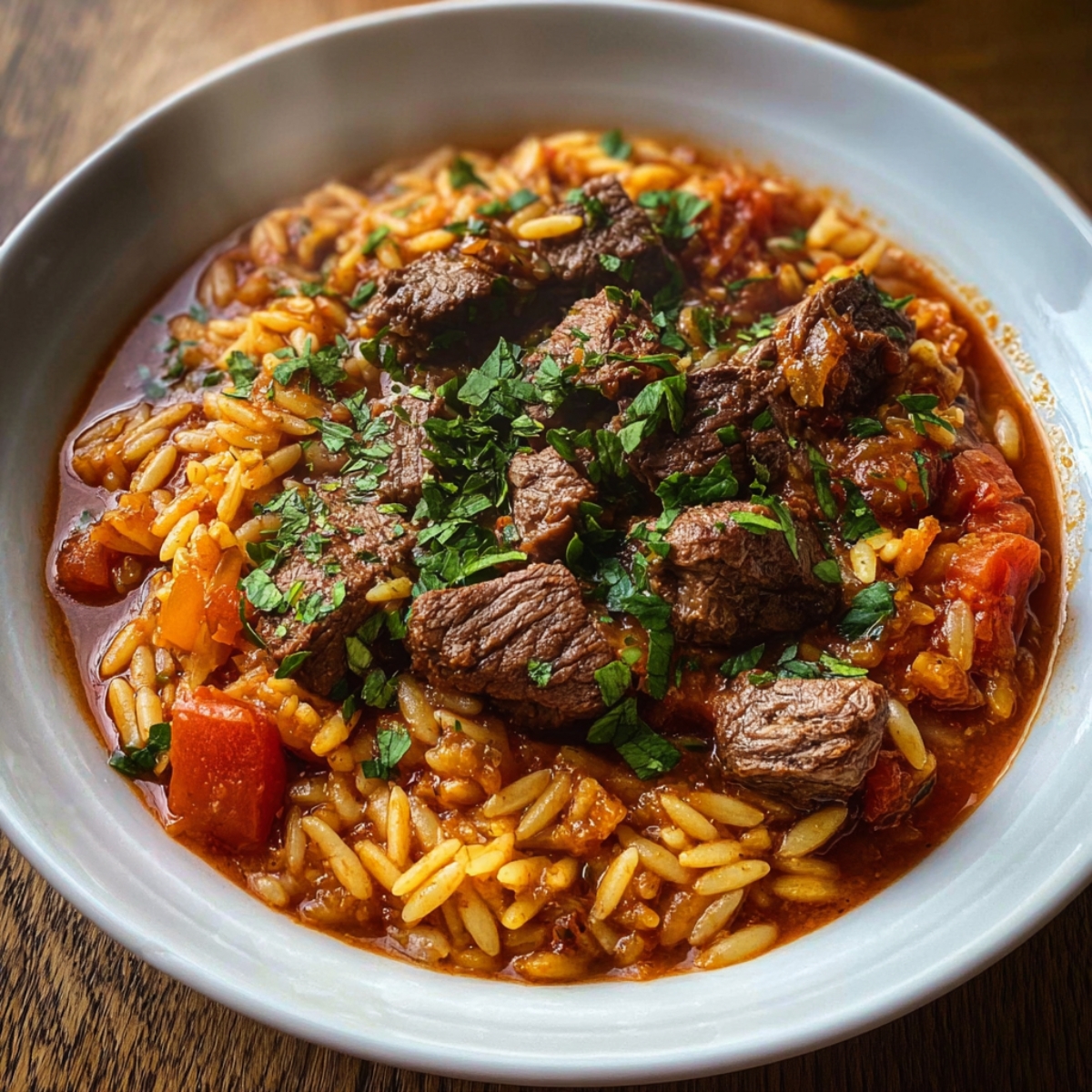 A beautifully plated serving of beef giouvetsi in a white ceramic bowl. The tender shredded beef sits on top of saucy orzo pasta, with chunks of tomato and a generous sprinkle of feta cheese and chopped parsley. The rich red sauce glistens under the light, showcasing a traditional Greek comfort dish full of depth and home-cooked warmth.
