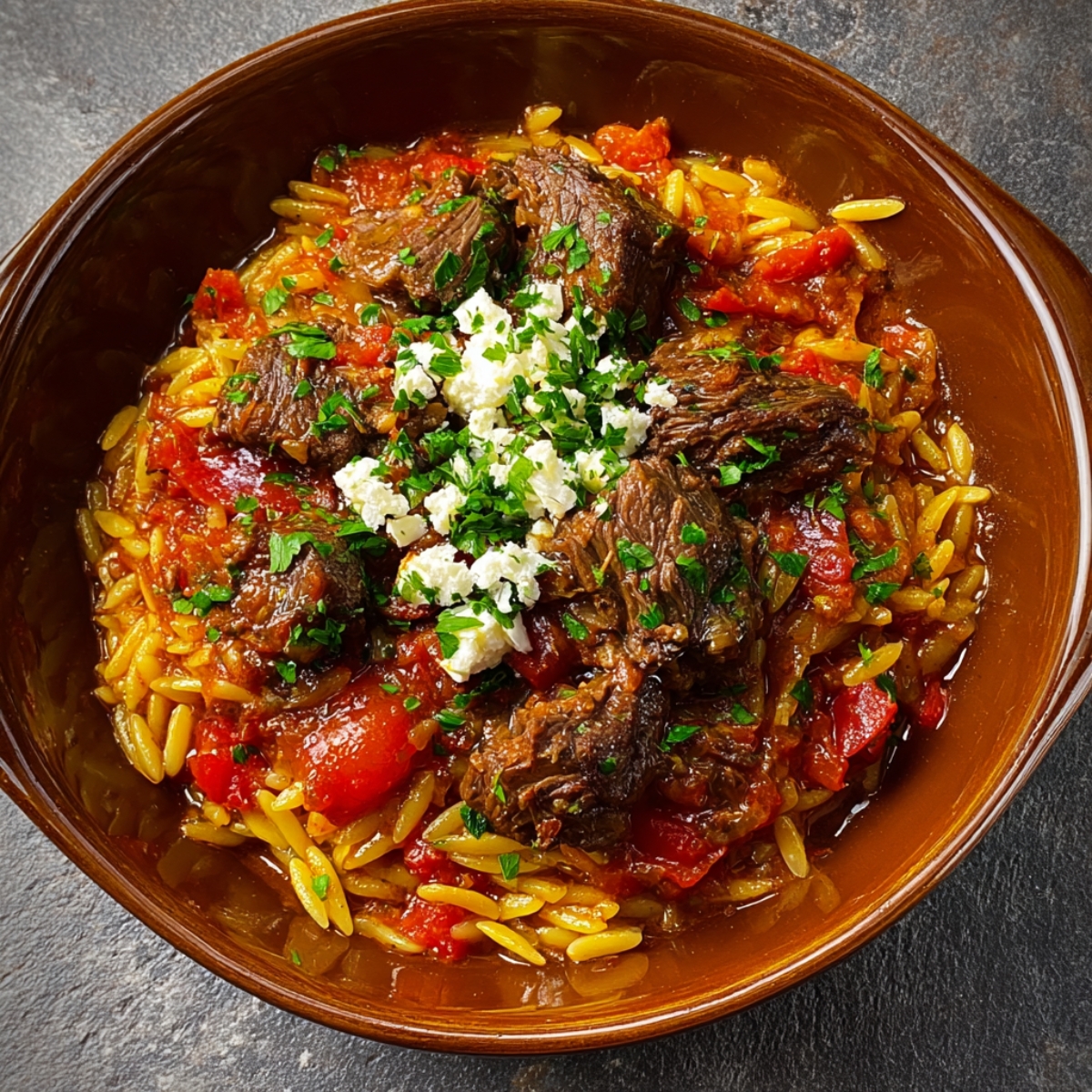 A bowl of Greek beef giouvetsi served with rich tomato sauce, tender orzo pasta, and soft chunks of braised beef. The dish is topped with crumbled feta cheese and freshly chopped parsley for a burst of color and flavor. The combination of savory beef, sweet tomato, and creamy feta creates a warm, comforting Mediterranean meal.