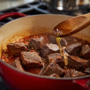 Close-up of juicy beef pieces searing in a red cast-iron pot filled with tomato sauce and orzo pasta. A wooden spoon drizzles golden olive oil over the simmering meat, adding shine and richness. The scene captures a key cooking step in preparing traditional Greek giouvetsi — the slow braising that develops deep flavor and tender texture.