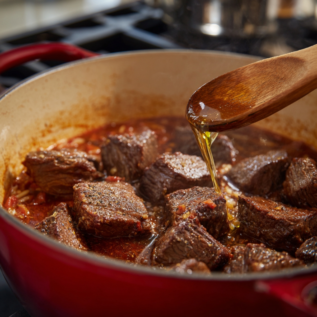 Close-up of juicy beef pieces searing in a red cast-iron pot filled with tomato sauce and orzo pasta. A wooden spoon drizzles golden olive oil over the simmering meat, adding shine and richness. The scene captures a key cooking step in preparing traditional Greek giouvetsi — the slow braising that develops deep flavor and tender texture.