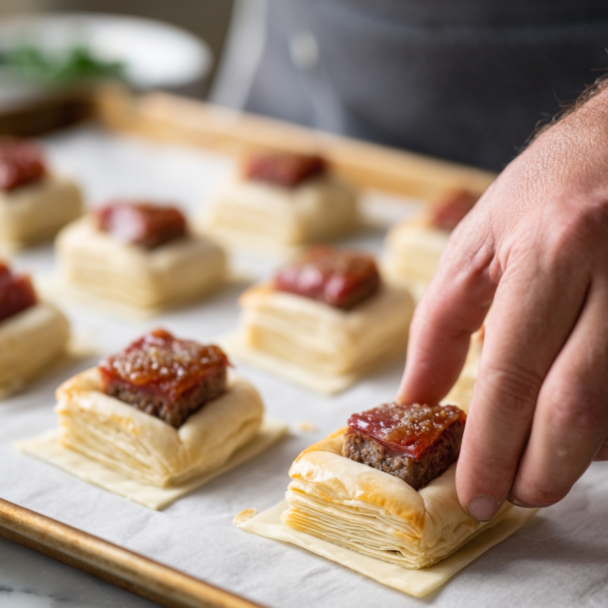 Best Beef Wellington Bites Recipe 11 A hand placing a cube of seared beef and prosciutto onto a square of puff pastry on a parchment-lined baking sheet, with several assembled pieces in the background.