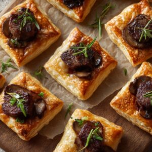 Best Beef Wellington Bites Recipe 17 Square puff-pastry bites topped with seared beef and sautéed mushrooms, garnished with fresh rosemary, arranged on parchment paper.
