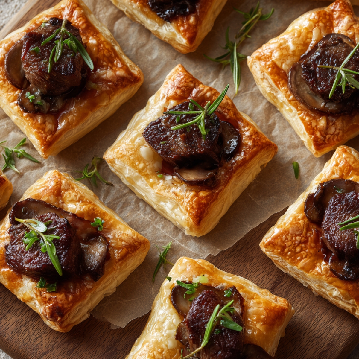 Best Beef Wellington Bites Recipe 12 Square puff-pastry bites topped with seared beef and sautéed mushrooms, garnished with fresh rosemary, arranged on parchment paper.