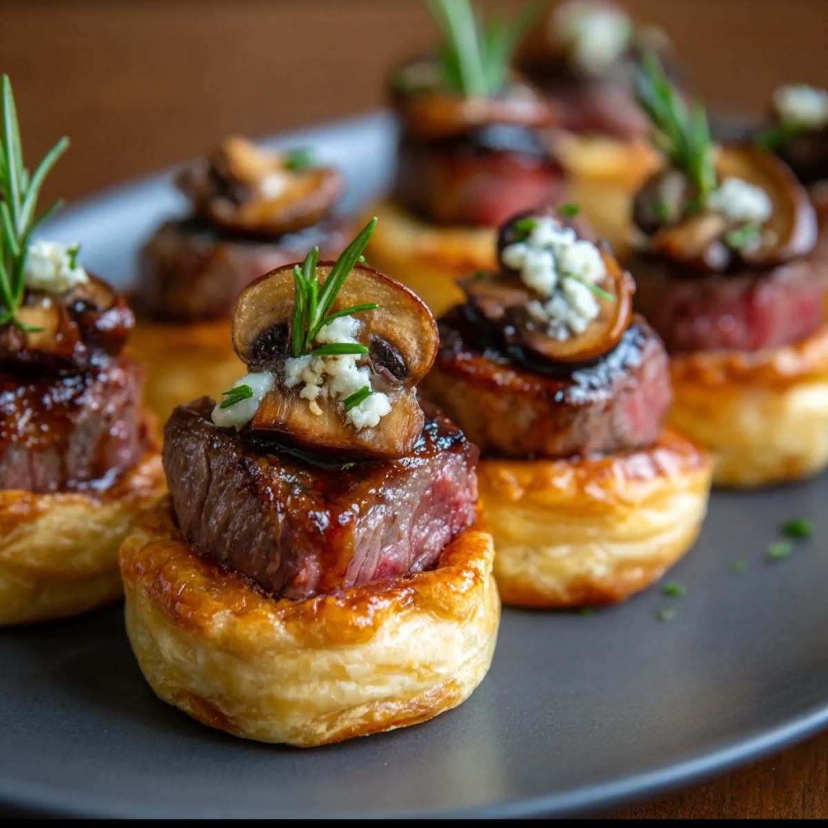 Best Beef Wellington Bites Recipe 13 Close-up of a Beef Wellington bite featuring a medium-rare beef medallion on puff pastry, topped with sautéed mushrooms, blue cheese, and a sprig of rosemary.
