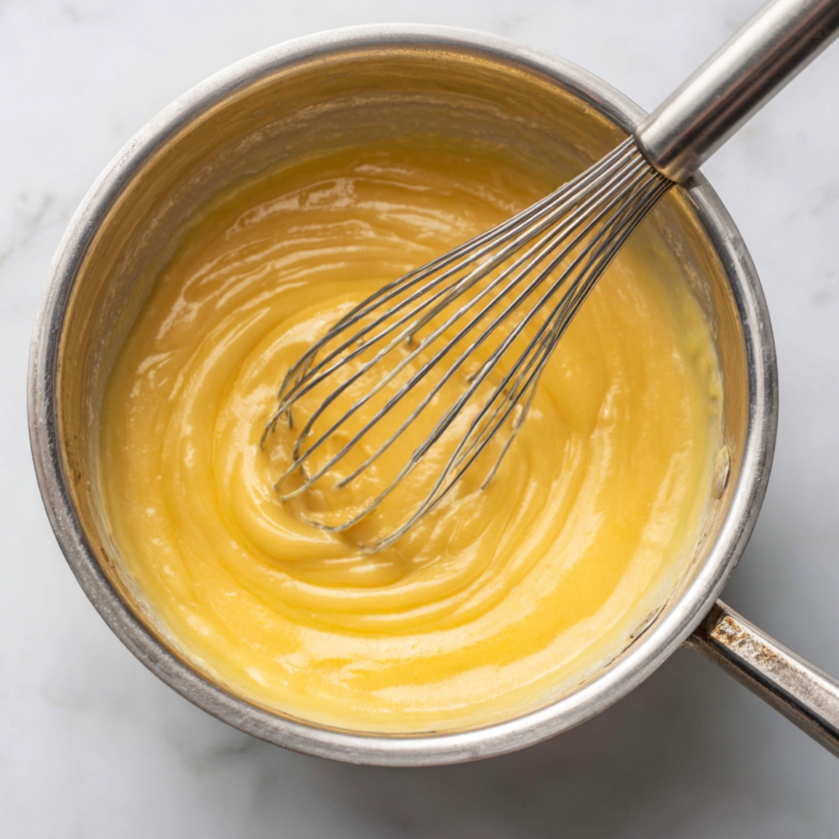 Best Blueberry Donuts Recipe Baked In 25 Minutes 11 "Smooth, yellow donut batter being whisked in a stainless-steel saucepan on a light surface."