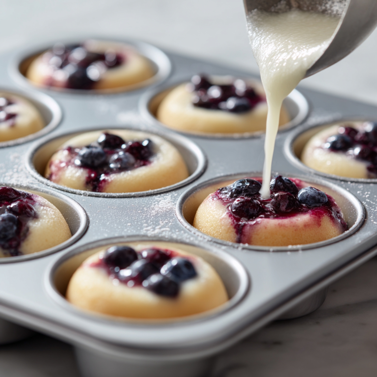 Best Blueberry Donuts Recipe Baked In 25 Minutes 12 "Donut pan filled with batter and fresh blueberries, with glaze being poured over one donut cavity before baking."