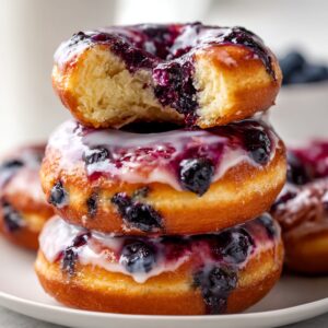 Best Blueberry Donuts Recipe Baked In 25 Minutes 18 "Stack of glazed blueberry donuts with a bite taken out of the top donut, showing a soft crumb and juicy baked blueberries."