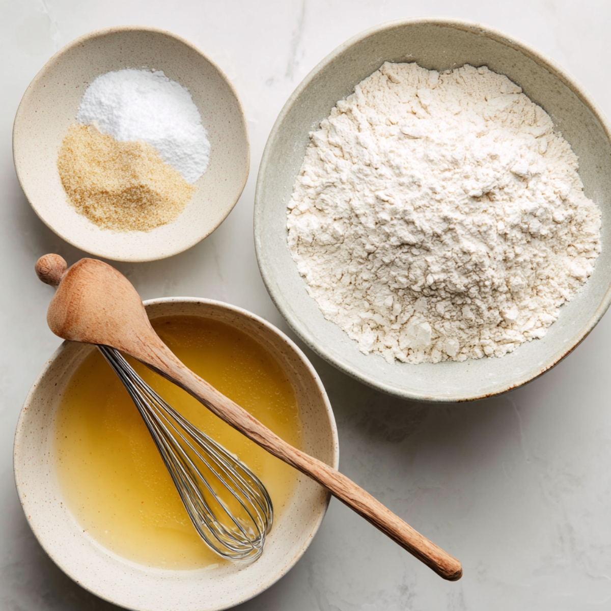 Best Blueberry Donuts Recipe Baked In 25 Minutes 10 "Bowls of dry ingredients for donuts, including flour, sugar, baking powder, and salt, next to a bowl of melted butter with a whisk."
