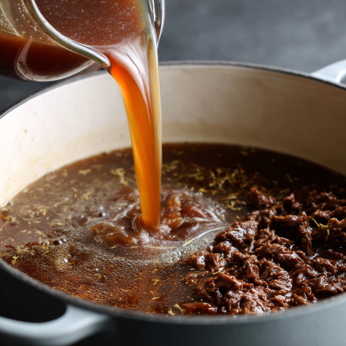 The Best British Meat Pies Recipe 11 Rich brown beef broth being poured from a glass measuring cup into a pot containing browned meat and herbs, beginning the process of creating gravy.