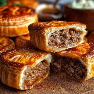 The Best British Meat Pies Recipe 18 A close-up of mini meat pies with glossy, golden pastry tops, two of them sliced open to show the savory minced beef filling inside.
