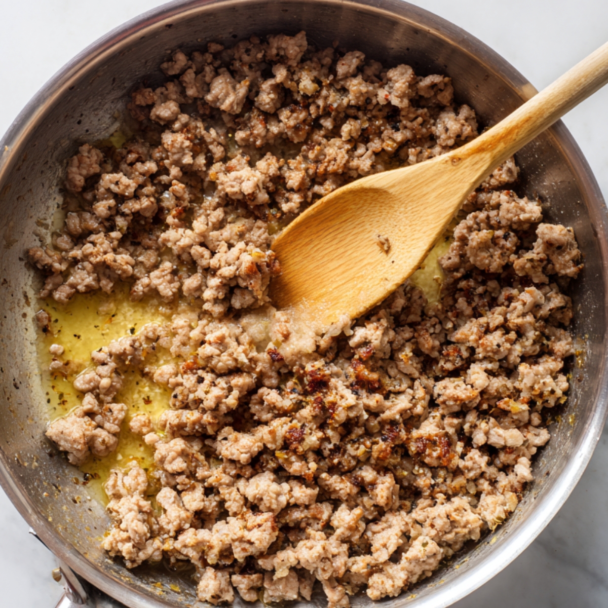 The Best British Meat Pies Recipe 10 A stainless-steel skillet filled with browned ground meat cooking in melted butter, with a wooden spoon stirring the mixture as it caramelizes.
