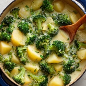 A close-up of a bowl of broccoli soup garnished with croutons, herbs, and a swirl of cream, with a spoon resting in the bowl.