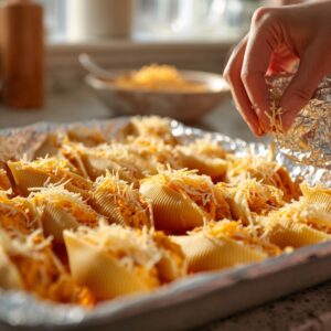 A baking dish lined with foil filled with jumbo pasta shells stuffed with creamy buffalo chicken mixture. A hand sprinkles shredded cheese over the top under warm natural light.