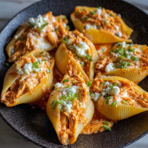 A black plate showcasing golden buffalo chicken stuffed shells covered in melted cheese and sprinkled with green onions and crumbled blue cheese, ready to serve.