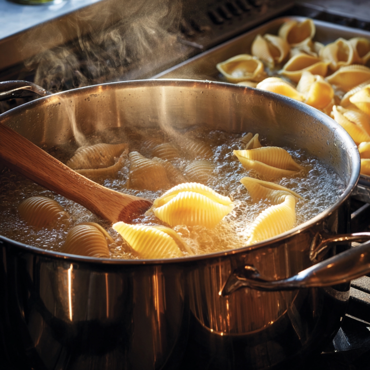 A large stainless-steel pot of boiling water with jumbo pasta shells cooking inside. Steam rises as a wooden spoon stirs, and more cooked shells rest on a baking sheet in the background.