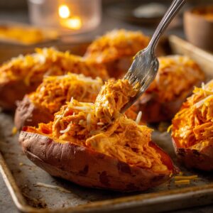 The Best Buffalo Chicken Stuffed Sweet Potatoes Recipe 16 Fork stuffing shredded buffalo chicken into a baked sweet potato skin on a sheet pan, topped with melted cheese under warm kitchen lighting.