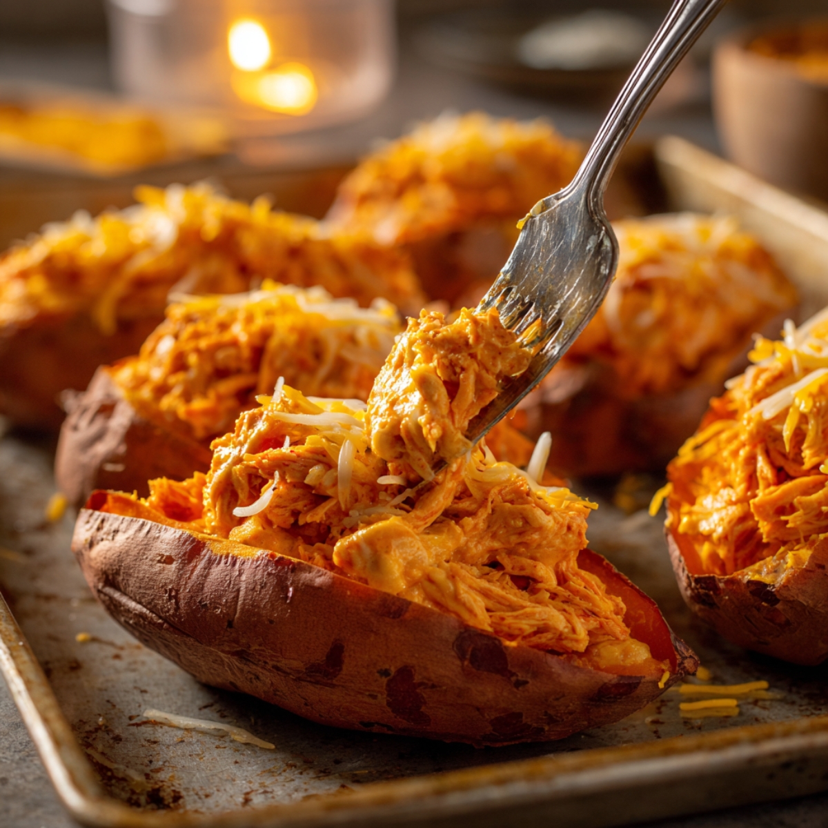 The Best Buffalo Chicken Stuffed Sweet Potatoes Recipe 11 Fork stuffing shredded buffalo chicken into a baked sweet potato skin on a sheet pan, topped with melted cheese under warm kitchen lighting.
